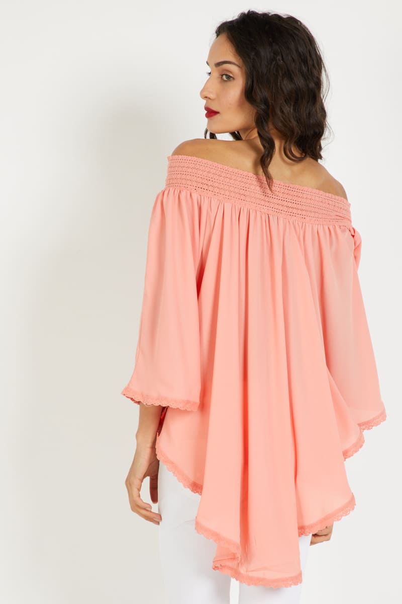 Blusón mujer asimétrico blusa off shoulder manga larga elegante encaje escote elástico caída cómoda versátil Anany AN-180129 naranja talla 38 ideal primavera verano ✅Entrega 24/48h