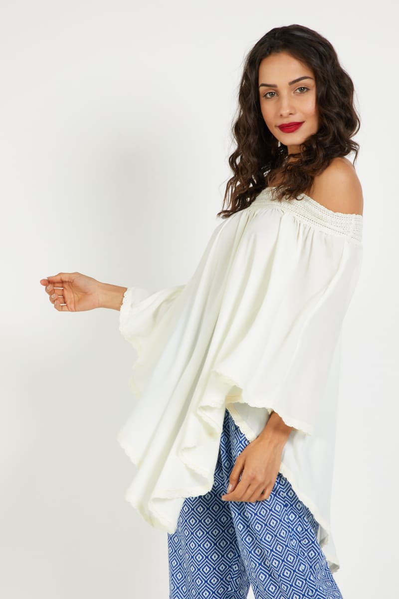 Blusa mujer hombros descubiertos bohemia holgada, blusón fluido, manga murciélago, estilo casual elegante, tejido suave, color blanco, talla 38, cómoda fresca versátil ✅Entrega 24/48h