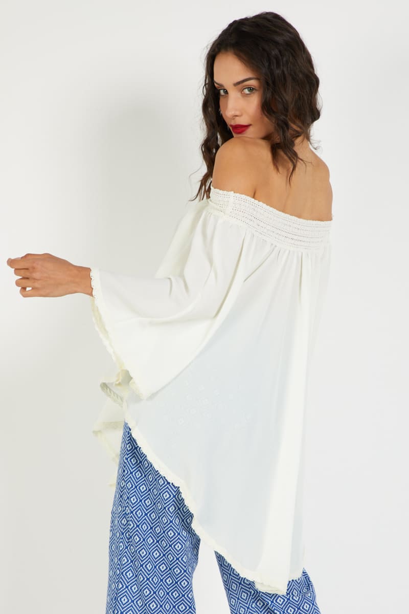 Blusa mujer hombros descubiertos bohemia holgada, blusón fluido, manga murciélago, estilo casual elegante, tejido suave, color blanco, talla 38, cómoda fresca versátil ✅Entrega 24/48h
