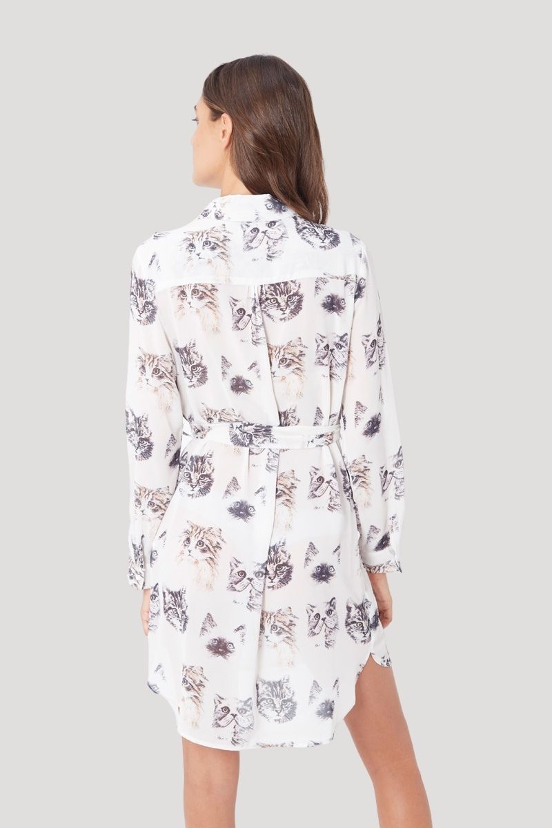 Vestido camisero mujer, chemise, dress, estampado gatos original, manga tres cuartos, tela ligera, corte relajado, estilo casual, color blanco, talla 38, cómodo y versátil, ideal look urbano ✅Entrega 24/48h