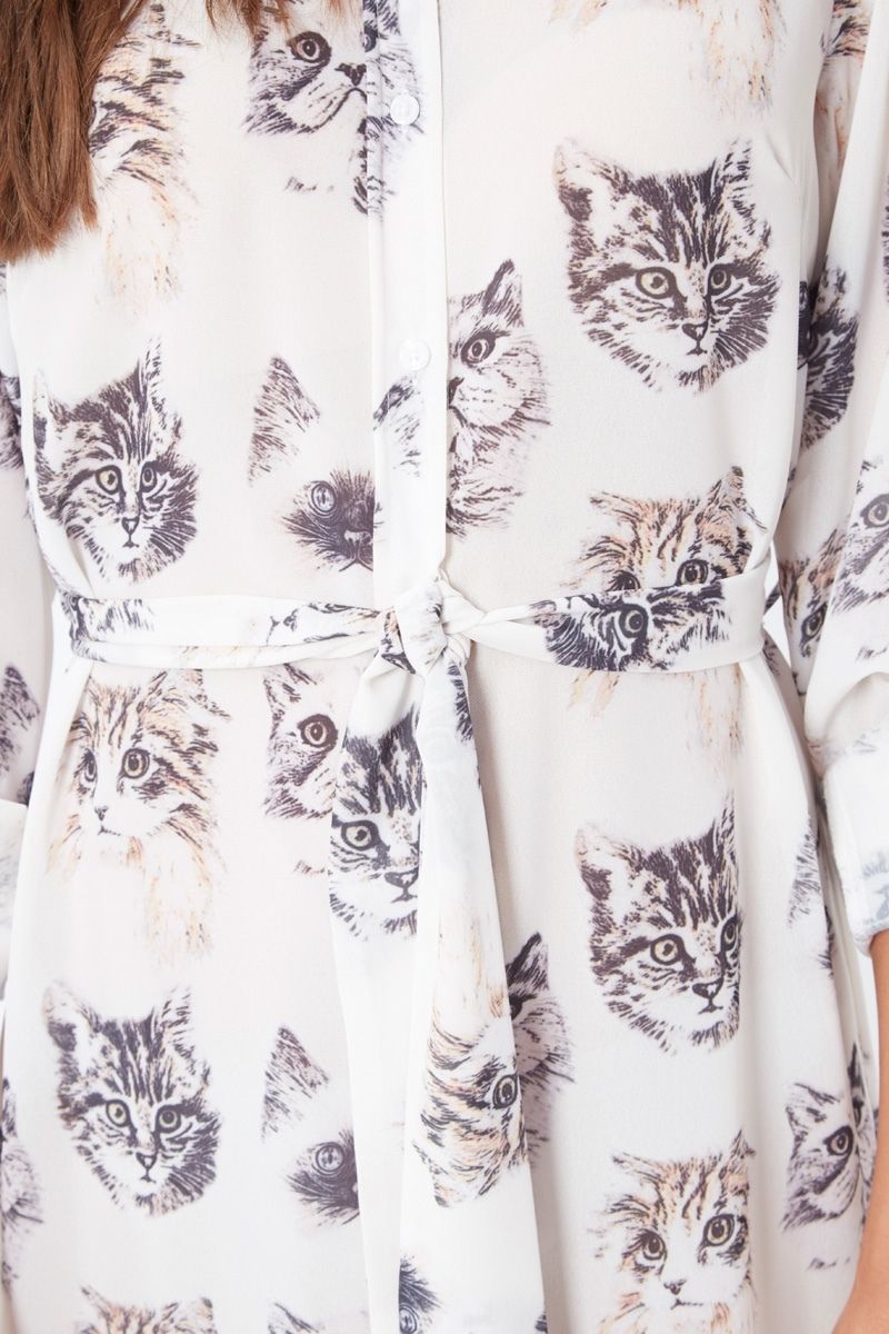 Vestido camisero mujer, chemise, dress, estampado gatos original, manga tres cuartos, tela ligera, corte relajado, estilo casual, color blanco, talla 38, cómodo y versátil, ideal look urbano ✅Entrega 24/48h