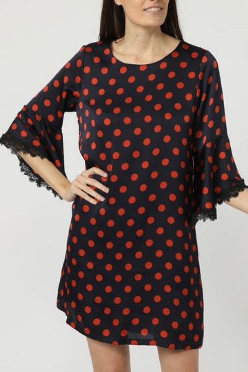 Vestido corto recto lunares vestido polka dots outfit manga tres cuartos flecos tela ligera elegante urbano casual talla 38 color negro versátil estiliza silueta cómodo chic ✅Entrega 24/48h