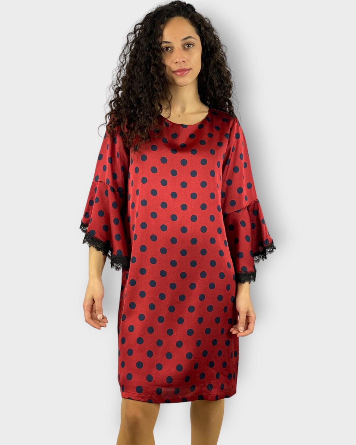 Vestido mujer corto lunares dress outfit estampado polka dots manga larga volantes encaje cuello redondo cierre cremallera invisible elegante cómodo fiesta casual rojo azul talla 38 ✅Entrega 24/48h