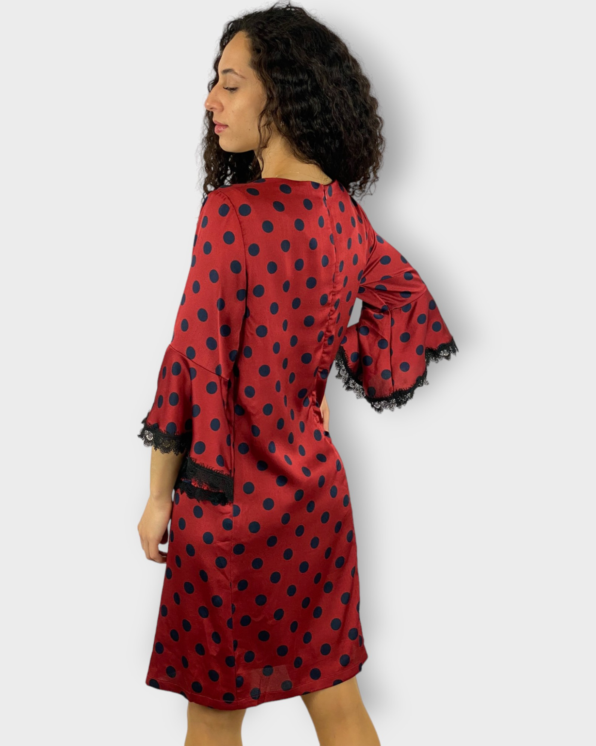 Vestido mujer corto lunares dress outfit estampado polka dots manga larga volantes encaje cuello redondo cierre cremallera invisible elegante cómodo fiesta casual rojo azul talla 38 ✅Entrega 24/48h