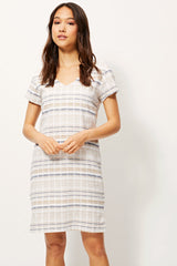 Vestido casual mujer, dress, outfit rayas beige algodón, manga corta, escote en V, corte recto, ligero y cómodo, ideal estilo femenino urbano talla 38, versátil días informales ✅Entrega 24/48h