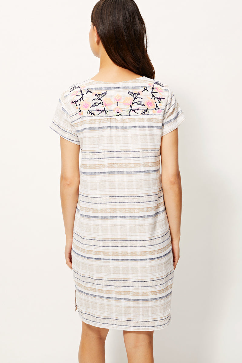 Vestido casual mujer, dress, outfit rayas beige algodón, manga corta, escote en V, corte recto, ligero y cómodo, ideal estilo femenino urbano talla 38, versátil días informales ✅Entrega 24/48h