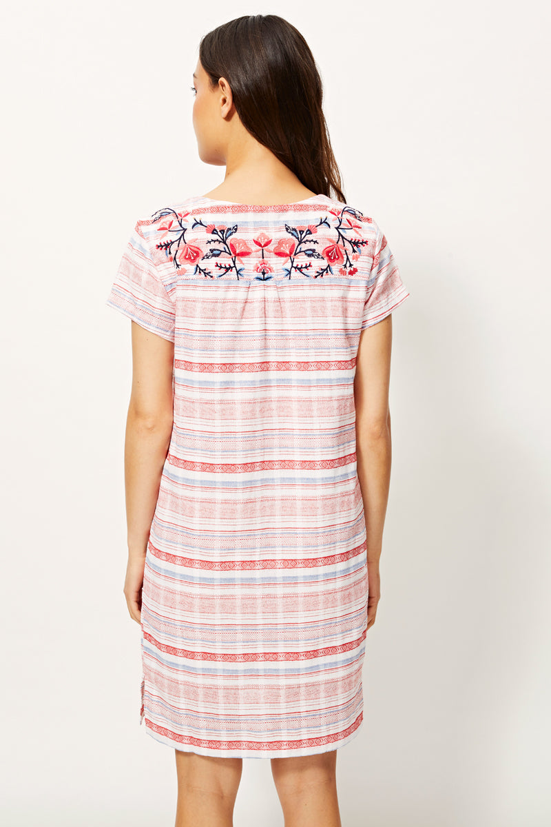 Vestido corto mujer, dress casual, outfit verano, algodón, diseño rayas, escote pico, manga corta, bordado trasero, frescura y comodidad, talla 38, rojo blanco, ideal diario ✅Entrega 24/48h