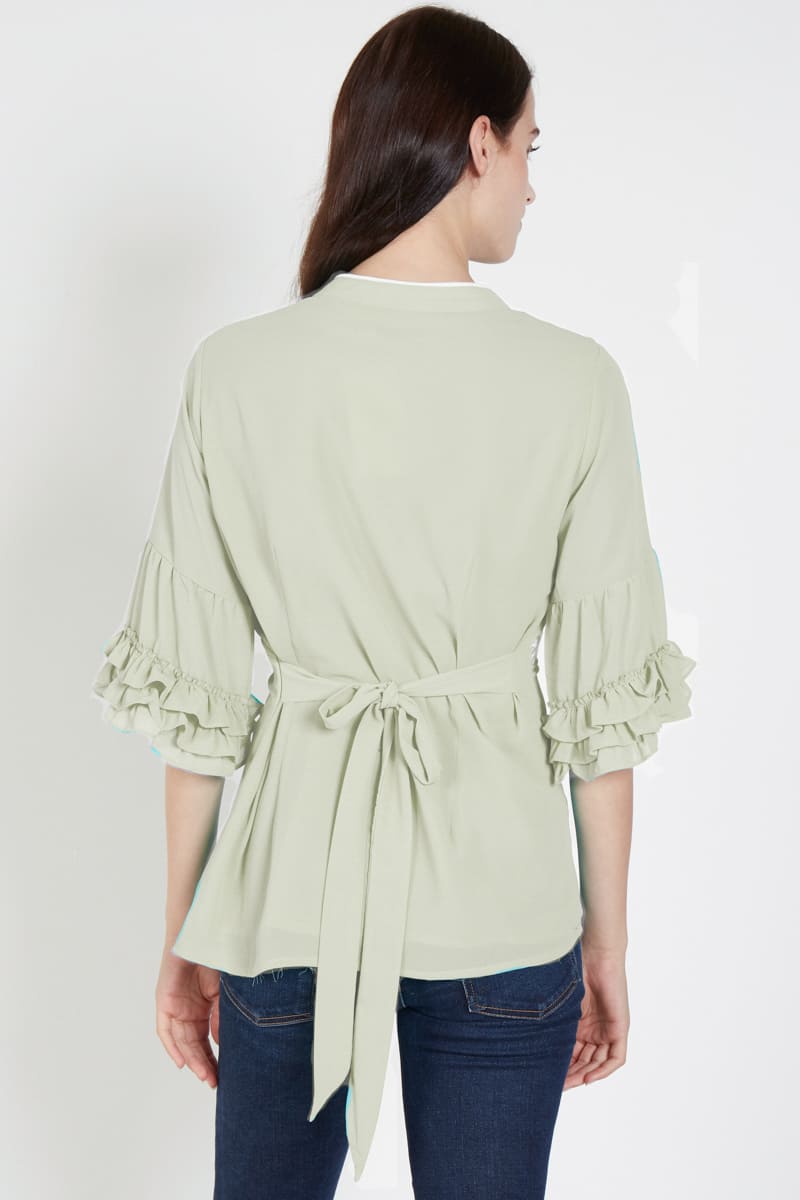 Blusa bordada mujer, top elegante, modelo manga 3/4 volante, cuello redondo escote pico, lazo decorativo, color verde claro, talla 38, cómoda y fresca, ideal looks casual o formal ✅Entrega 24/48h