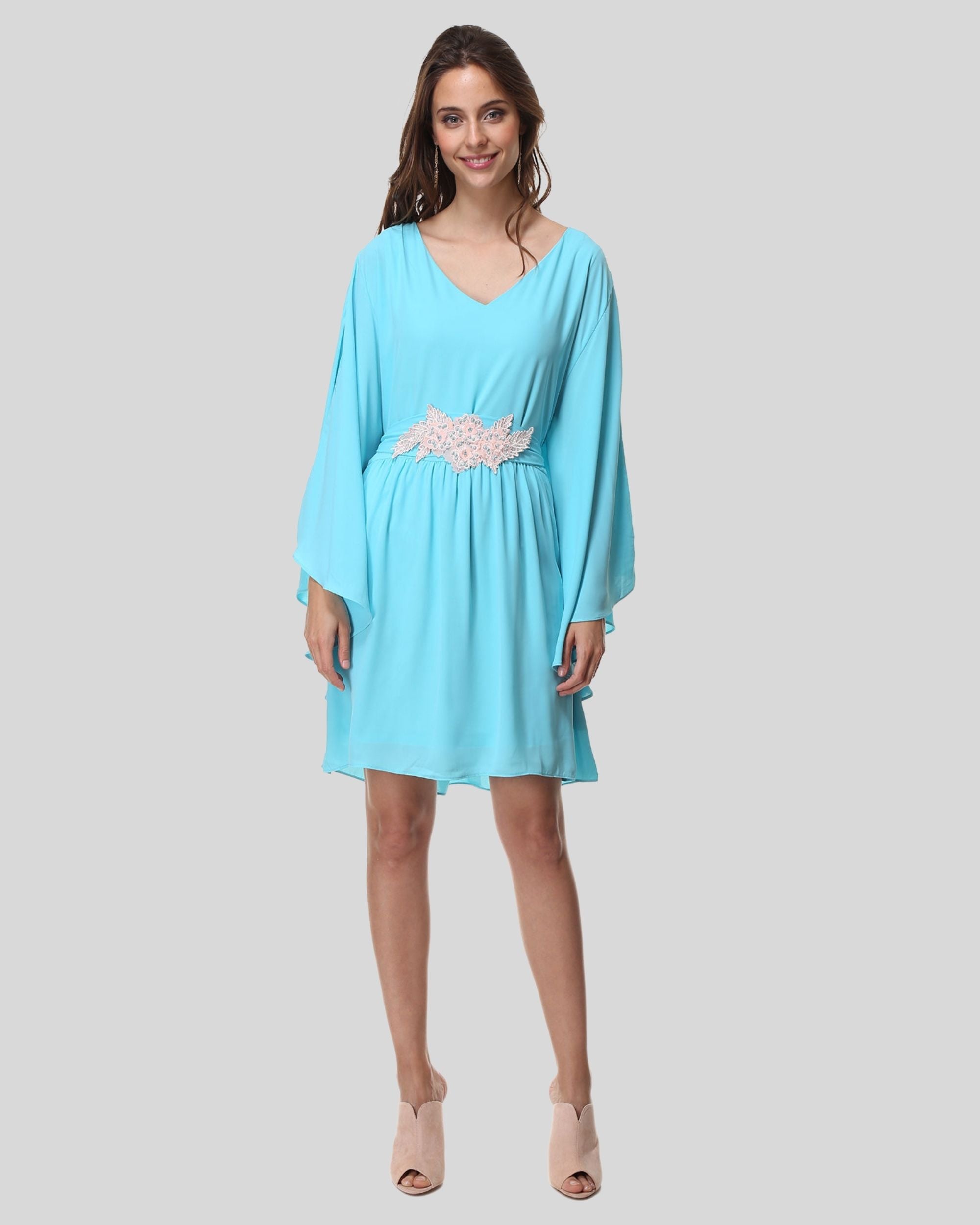 Vestido corto mujer dress outfit manga murciélago encaje cintura tejido vaporoso verano elegante azul claro talla 38 ideal oficina fiesta evento moderno sofisticado cómodo ✅Entrega 24/48h