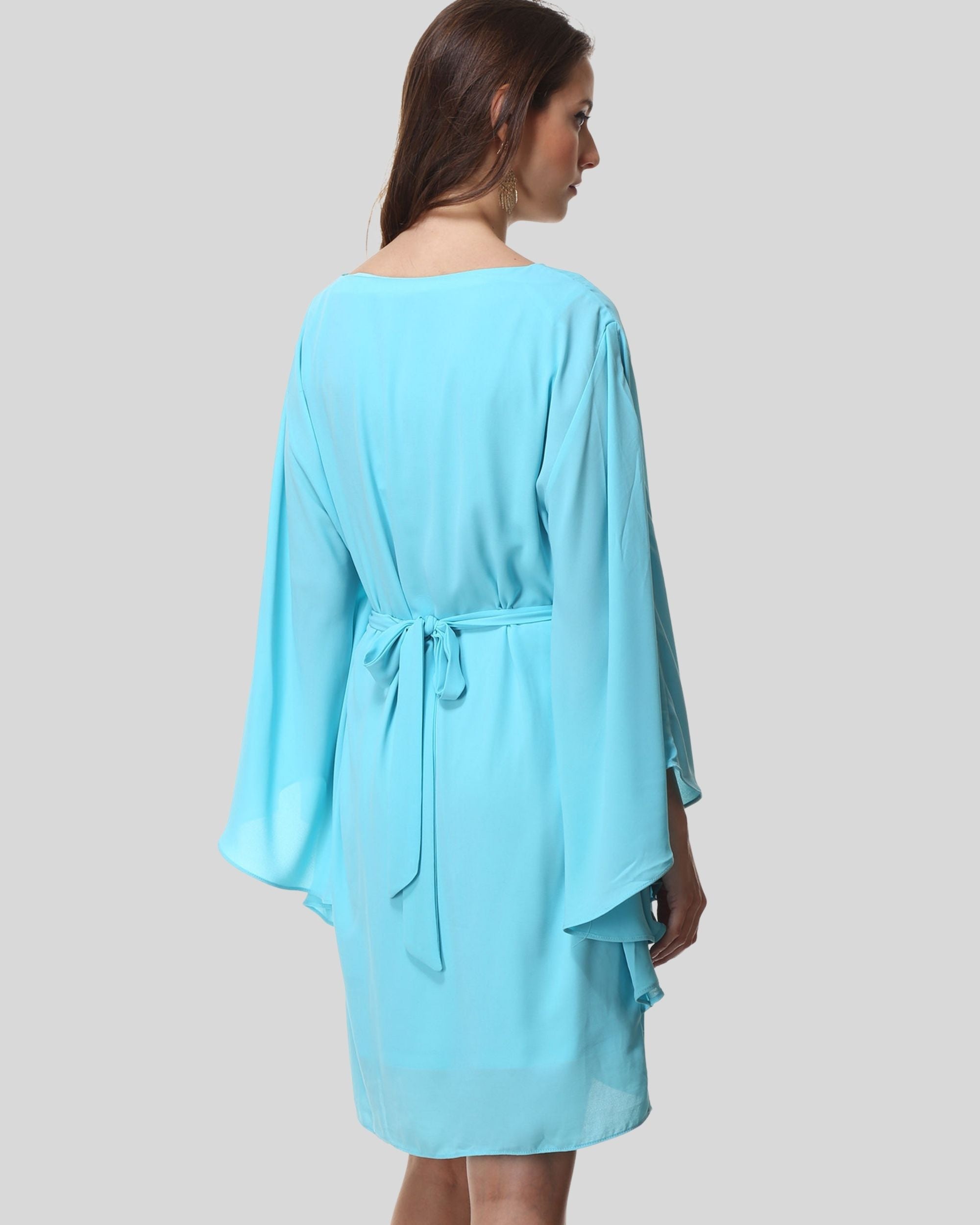 Vestido corto mujer dress outfit manga murciélago encaje cintura tejido vaporoso verano elegante azul claro talla 38 ideal oficina fiesta evento moderno sofisticado cómodo ✅Entrega 24/48h