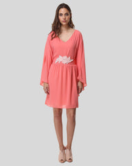 Vestido corto mujer, dress estilo fluido, gasa ligera, manga larga amplia, cintura encaje, ajuste relajado, elegante, cómodo, color rosa coral, talla 38. Vestido versátil perfecto eventos, verano y fiestas ✅Entrega 24/48h