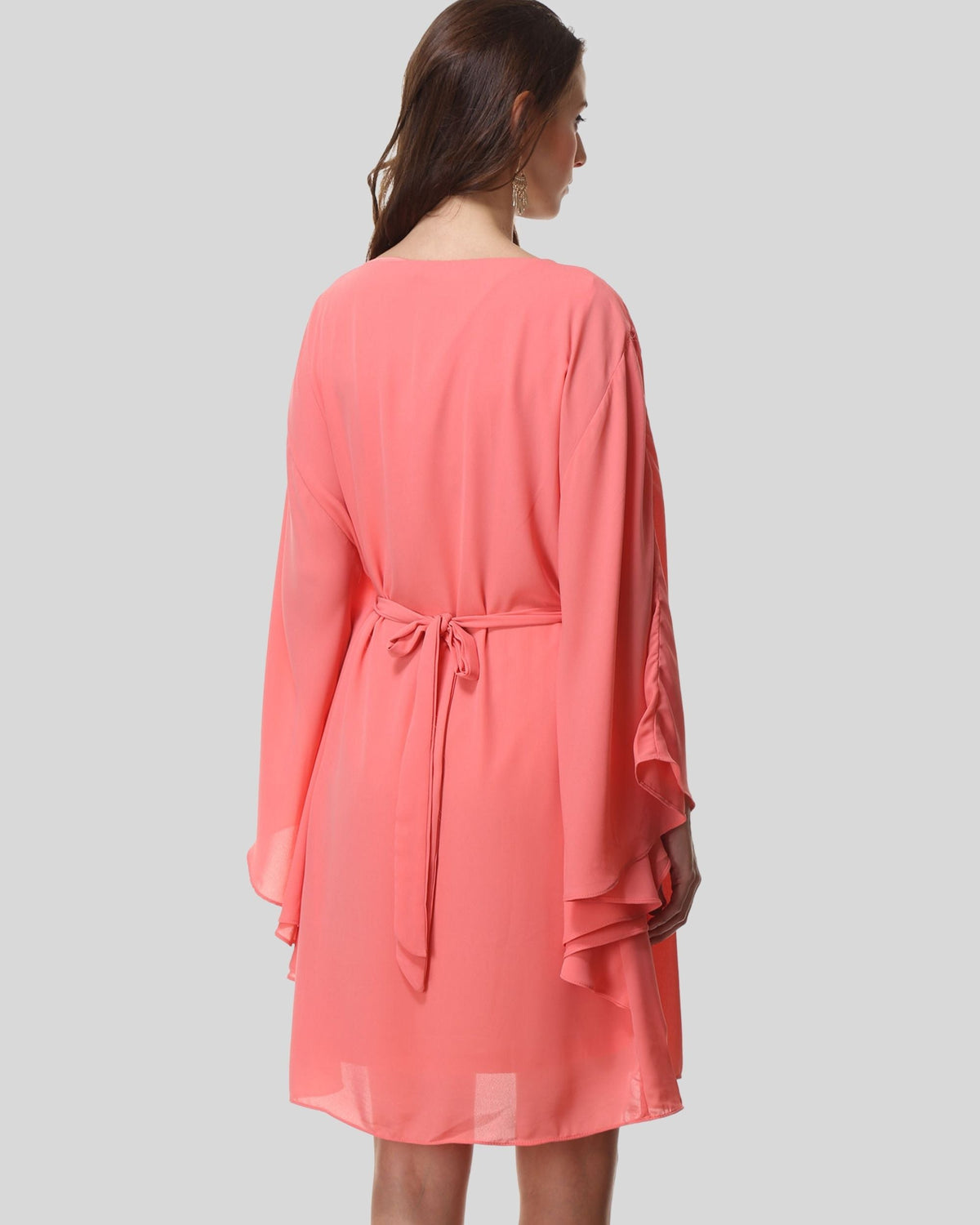 Vestido corto mujer, dress estilo fluido, gasa ligera, manga larga amplia, cintura encaje, ajuste relajado, elegante, cómodo, color rosa coral, talla 38. Vestido versátil perfecto eventos, verano y fiestas ✅Entrega 24/48h