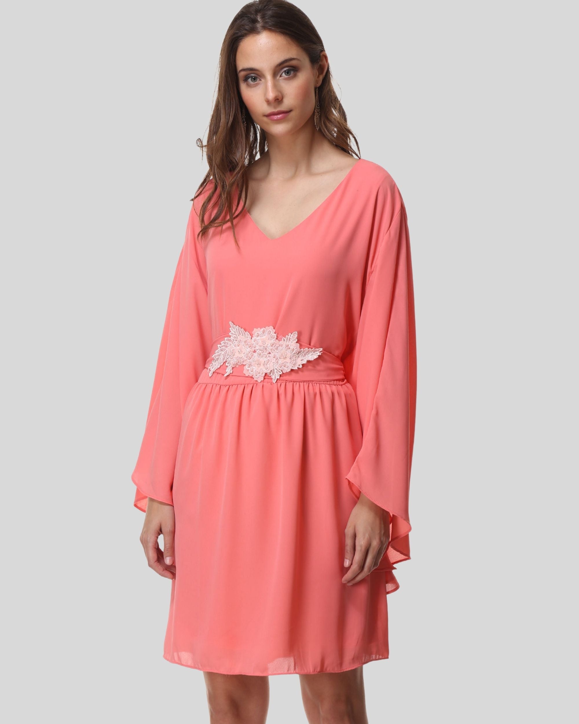 Vestido corto mujer, dress estilo fluido, gasa ligera, manga larga amplia, cintura encaje, ajuste relajado, elegante, cómodo, color rosa coral, talla 38. Vestido versátil perfecto eventos, verano y fiestas ✅Entrega 24/48h