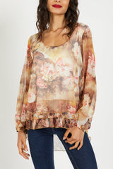 Blusa mujer, camisa floral, manga larga, escote abierto, bajo asimétrico, tejido elástico, estampado romántico, estilo casual elegante, color camel, talla 38, cómoda y versátil ✅Entrega 24/48h