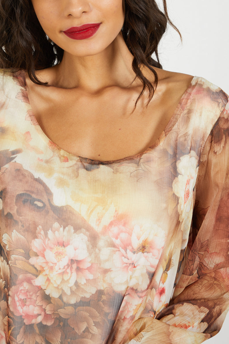 Blusa mujer, camisa floral, manga larga, escote abierto, bajo asimétrico, tejido elástico, estampado romántico, estilo casual elegante, color camel, talla 38, cómoda y versátil ✅Entrega 24/48h