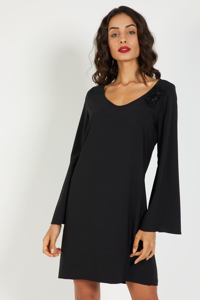 Vestido mujer, dress elegante, manga larga, escote pico, adorno pedrería en hombro, corte mini, estilo minimalista, disponible talla 38, color negro, lucidor, cómodo, ideal eventos y salidas urbanas ✅Entrega 24/48h