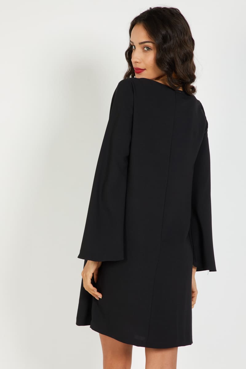 Vestido mujer, dress elegante, manga larga, escote pico, adorno pedrería en hombro, corte mini, estilo minimalista, disponible talla 38, color negro, lucidor, cómodo, ideal eventos y salidas urbanas ✅Entrega 24/48h