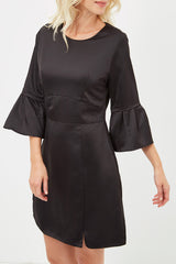 Vestido satinado mujer, dress elegante, manga avolantada, cuello redondo, forro interior, cremallera, poliéster, corte corto, estilo sofisticado, color negro, talla 38, cómodo y versátil ✅Entrega 24/48h