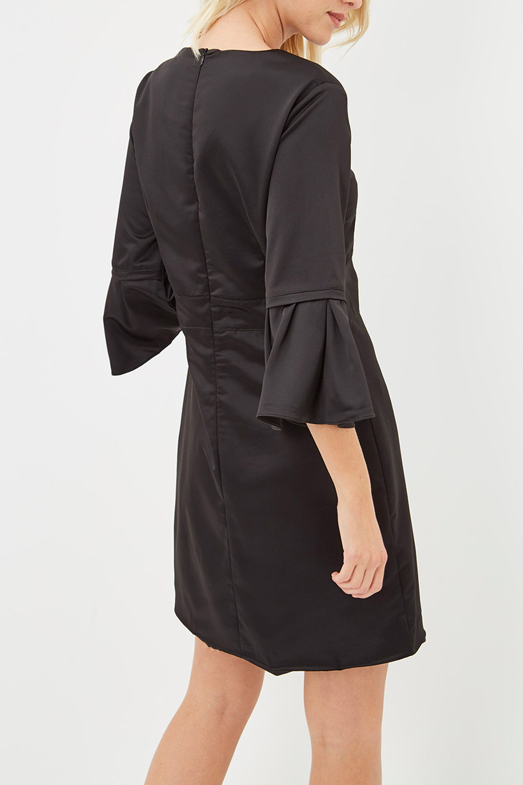 Vestido satinado mujer, dress elegante, manga avolantada, cuello redondo, forro interior, cremallera, poliéster, corte corto, estilo sofisticado, color negro, talla 38, cómodo y versátil ✅Entrega 24/48h