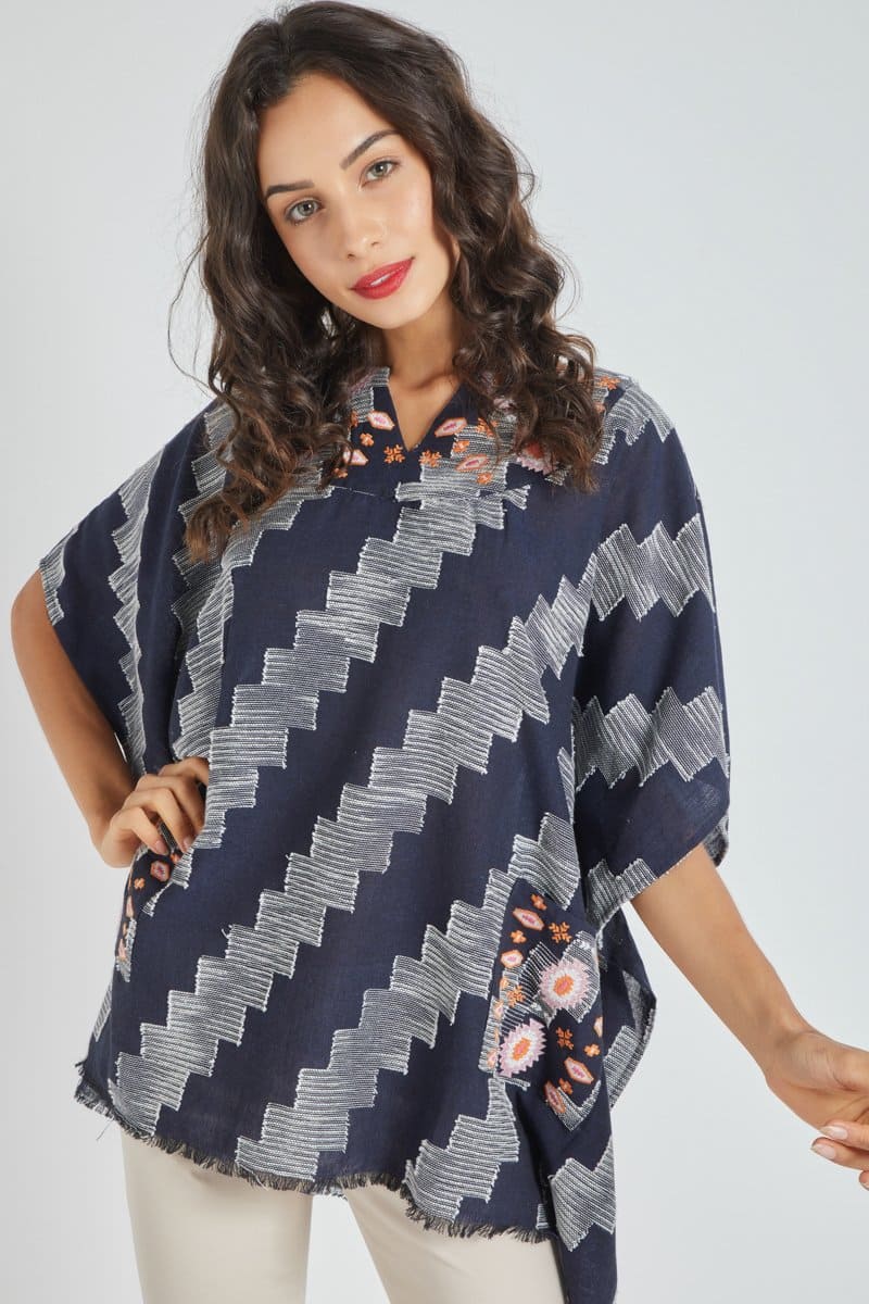 Blusa mujer bordada estilo tunecino, camisa manga corta capa bajo deshilachado, bolsillos, diseño fantasía verano, cómoda, versátil, elegante, azul talla 38 ✅Entrega 24/48h