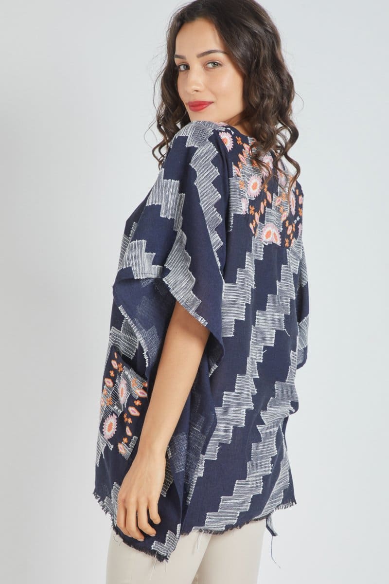 Blusa mujer bordada estilo tunecino, camisa manga corta capa bajo deshilachado, bolsillos, diseño fantasía verano, cómoda, versátil, elegante, azul talla 38 ✅Entrega 24/48h