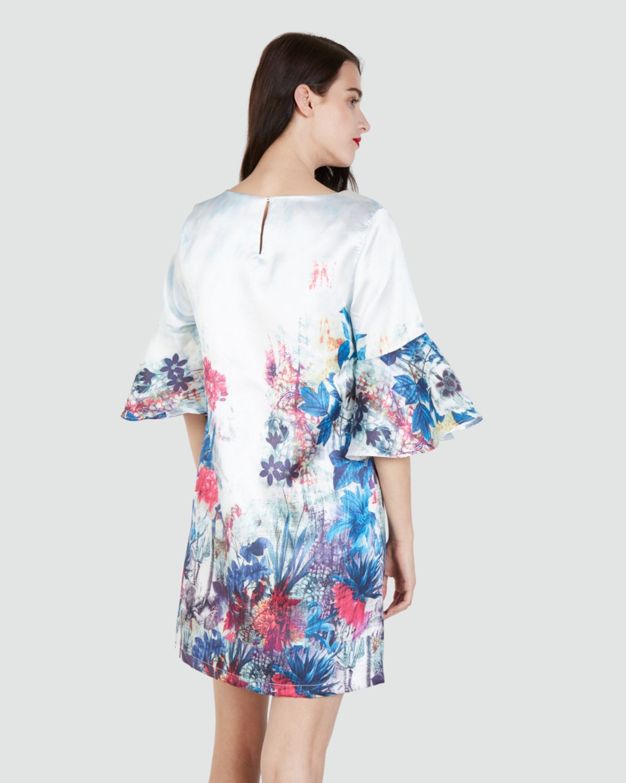 Vestido satinado mujer, dress floral elegante, manga volante, corte mini, estilo casual sofisticado, tela ligera, estampado multicolor, talla 38, ideal eventos reuniones, look sofisticado frescura movimiento - Blanco ✅Entrega 24/48h