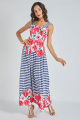 Vestido largo mujer sin mangas dress estampado navy rayas y flores tela suave corte cómodo escote V cintura elástica azul talla 36 outfit ideal urbano elegante versátil vacaciones ✅Entrega 24/48h