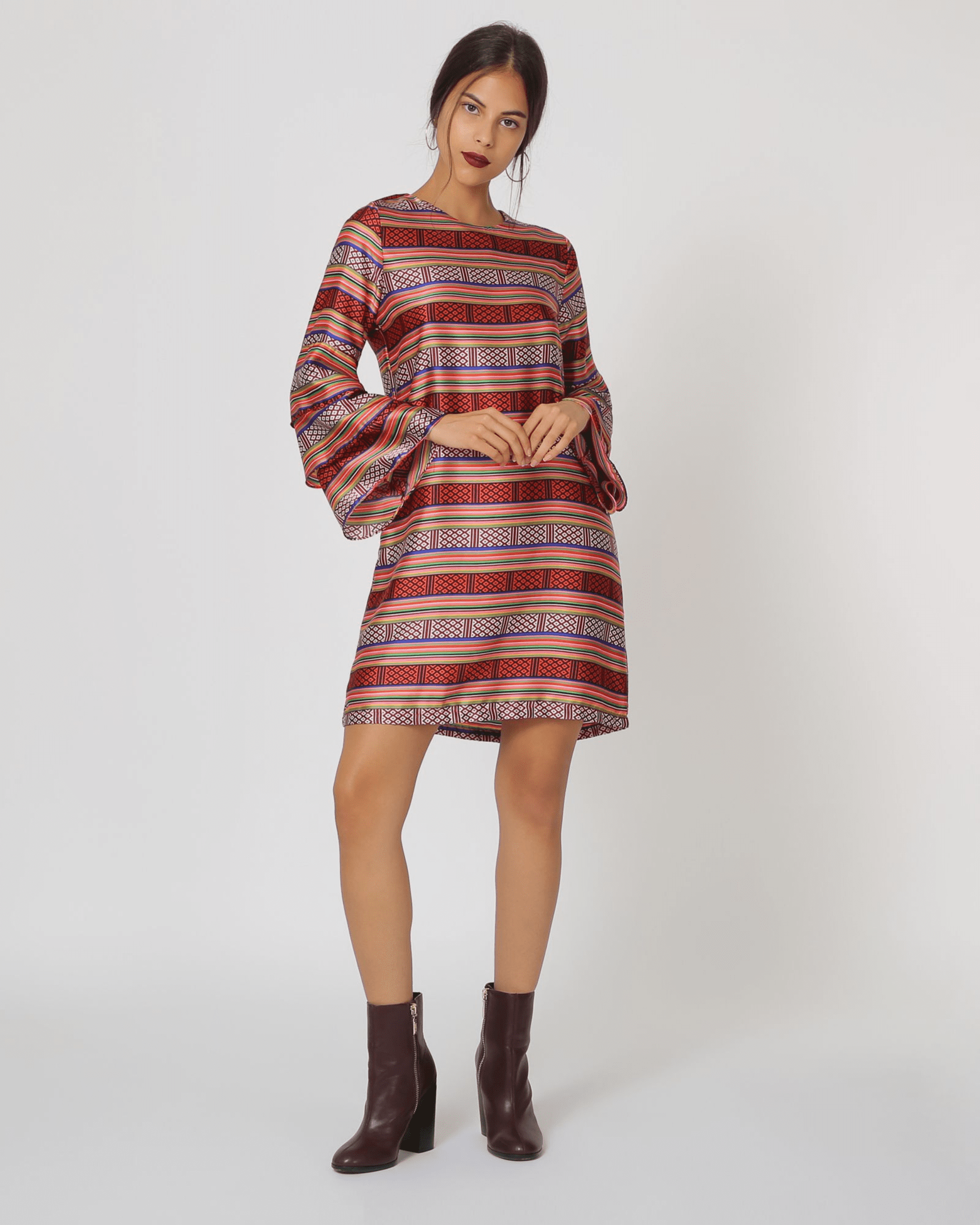 Vestido corto mujer, dress estampado multicolor rojo, manga 3/4 volante, cuello redondo, cómodo fluido, talla 40, diseño versátil, ideal outfits casuales elegantes, cierre lágrima trasera, ✅Entrega 24/48h