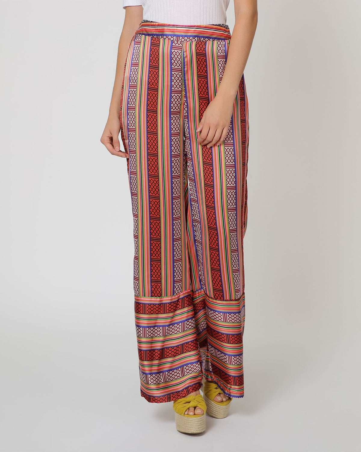 Pantalón acampanado mujer, pant, modelo AN-190307, estampado rayas geométrico, espalda elástica, tejido fluido, cómodo, moderno, talla 38, ideal verano y outfits casual, color rojo ✅Entrega 24/48h