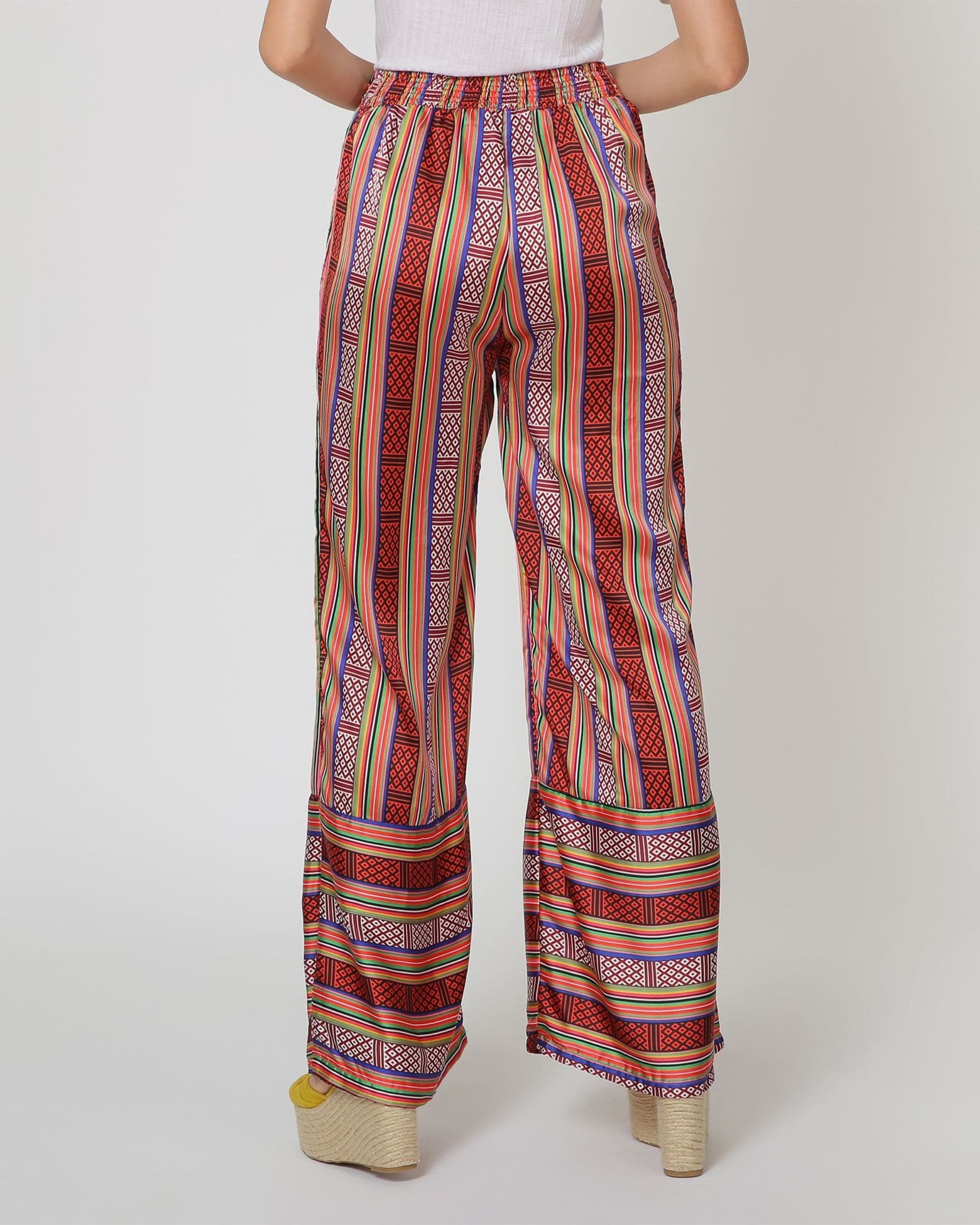 Pantalón acampanado mujer, pant, modelo AN-190307, estampado rayas geométrico, espalda elástica, tejido fluido, cómodo, moderno, talla 38, ideal verano y outfits casual, color rojo ✅Entrega 24/48h