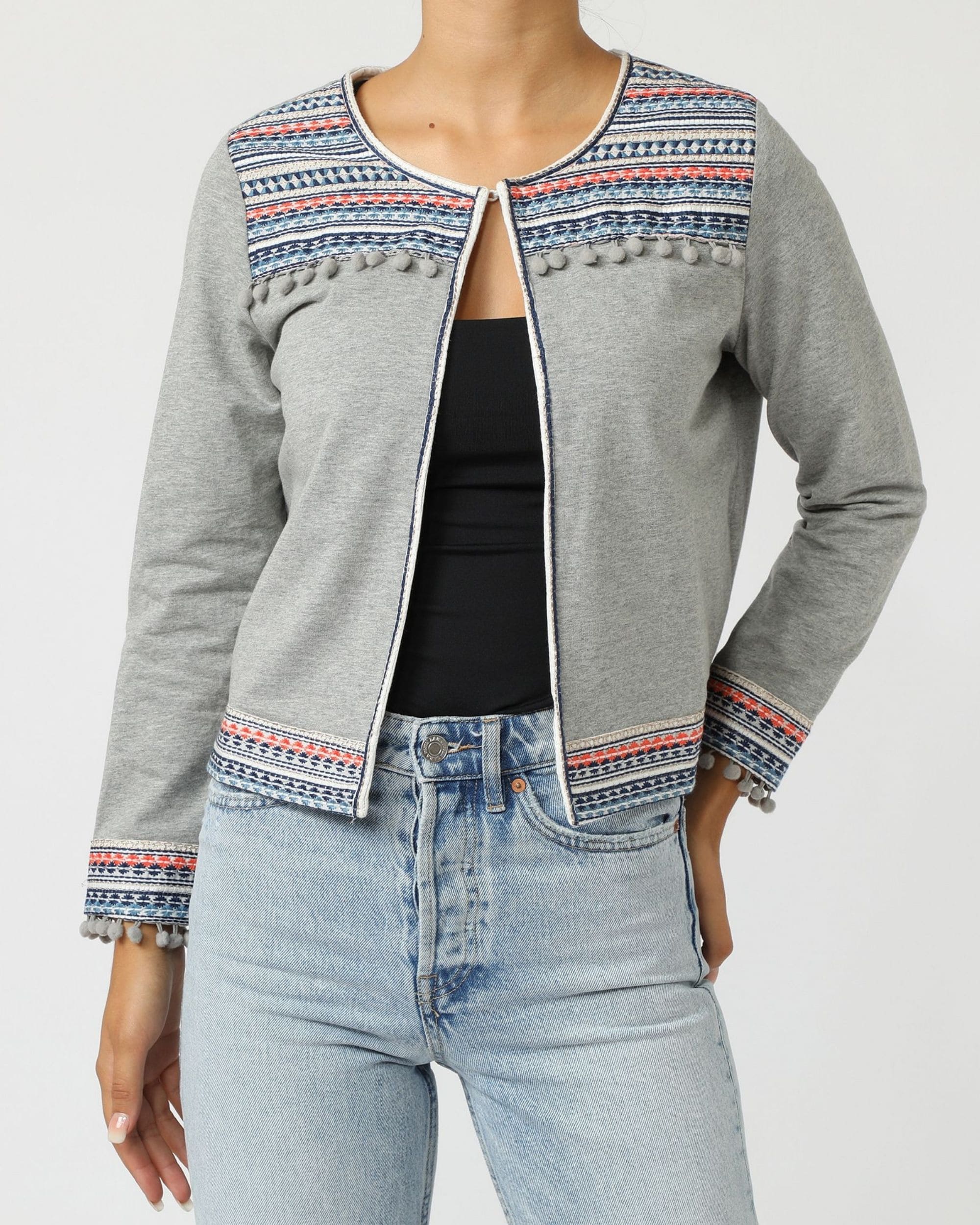 Chaqueta mujer algodón bordada abalorios pompones manga larga forrada look boho casual cómoda elegante primavera talla 38 gris Anany chaqueta abrigo fashion outfit ligera ✅Entrega 24/48h