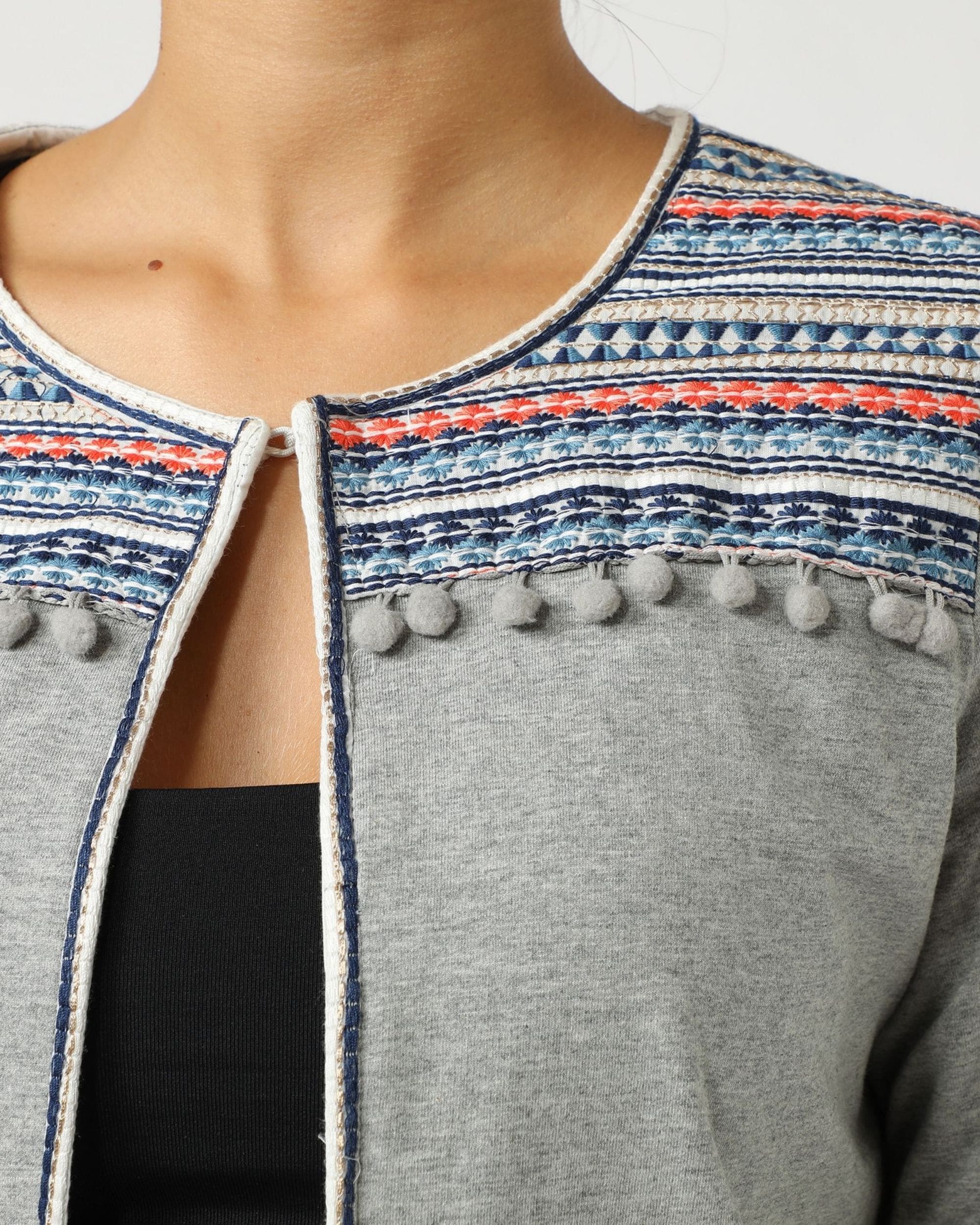 Chaqueta mujer algodón bordada abalorios pompones manga larga forrada look boho casual cómoda elegante primavera talla 38 gris Anany chaqueta abrigo fashion outfit ligera ✅Entrega 24/48h