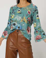 Blusa mujer floral manga larga volante, camisa estampada casual elegante, diseño holgado, textura suave, corte fluido, estilo urbano versátil, color verde, talla 38, ideal oficina y diario ✅Entrega 24/48h