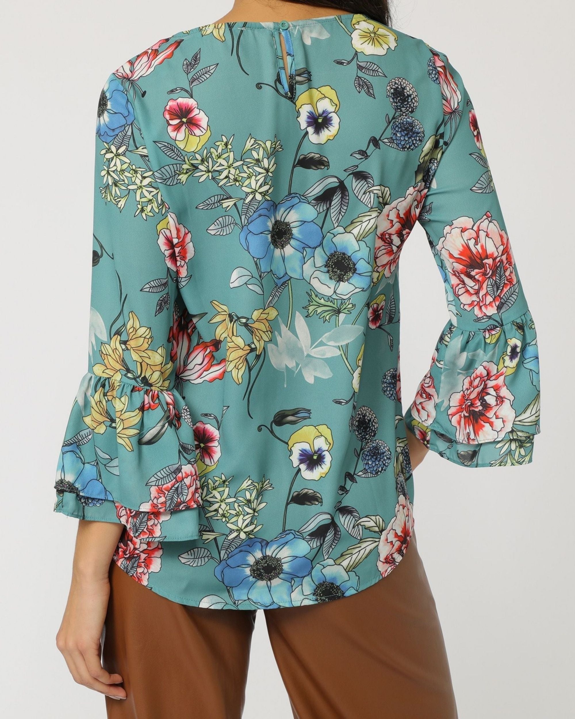Blusa mujer floral manga larga volante, camisa estampada casual elegante, diseño holgado, textura suave, corte fluido, estilo urbano versátil, color verde, talla 38, ideal oficina y diario ✅Entrega 24/48h