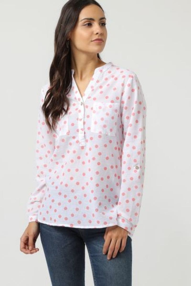 Blusa mujer, camisa, blusa estampada lunares rosa, botones nácar, viscosa suave, manga larga, cuello tunecino, corte regular, look elegante casual, color blanco, talla 38, cómoda y versátil ✅Entrega 24/48h