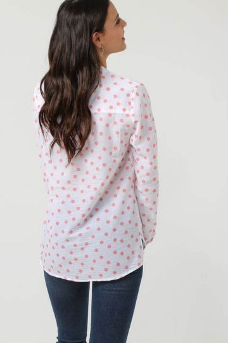 Blusa mujer, camisa, blusa estampada lunares rosa, botones nácar, viscosa suave, manga larga, cuello tunecino, corte regular, look elegante casual, color blanco, talla 38, cómoda y versátil ✅Entrega 24/48h