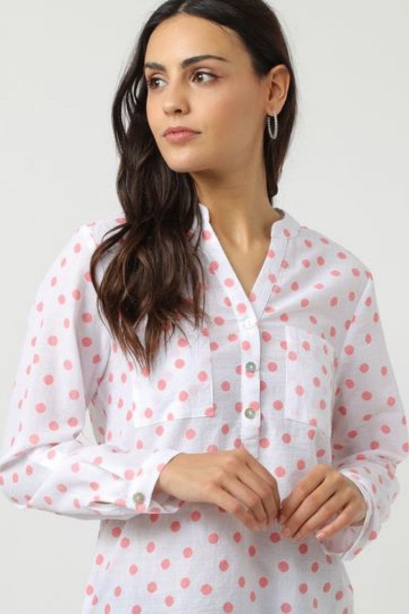Blusa mujer, camisa, blusa estampada lunares rosa, botones nácar, viscosa suave, manga larga, cuello tunecino, corte regular, look elegante casual, color blanco, talla 38, cómoda y versátil ✅Entrega 24/48h