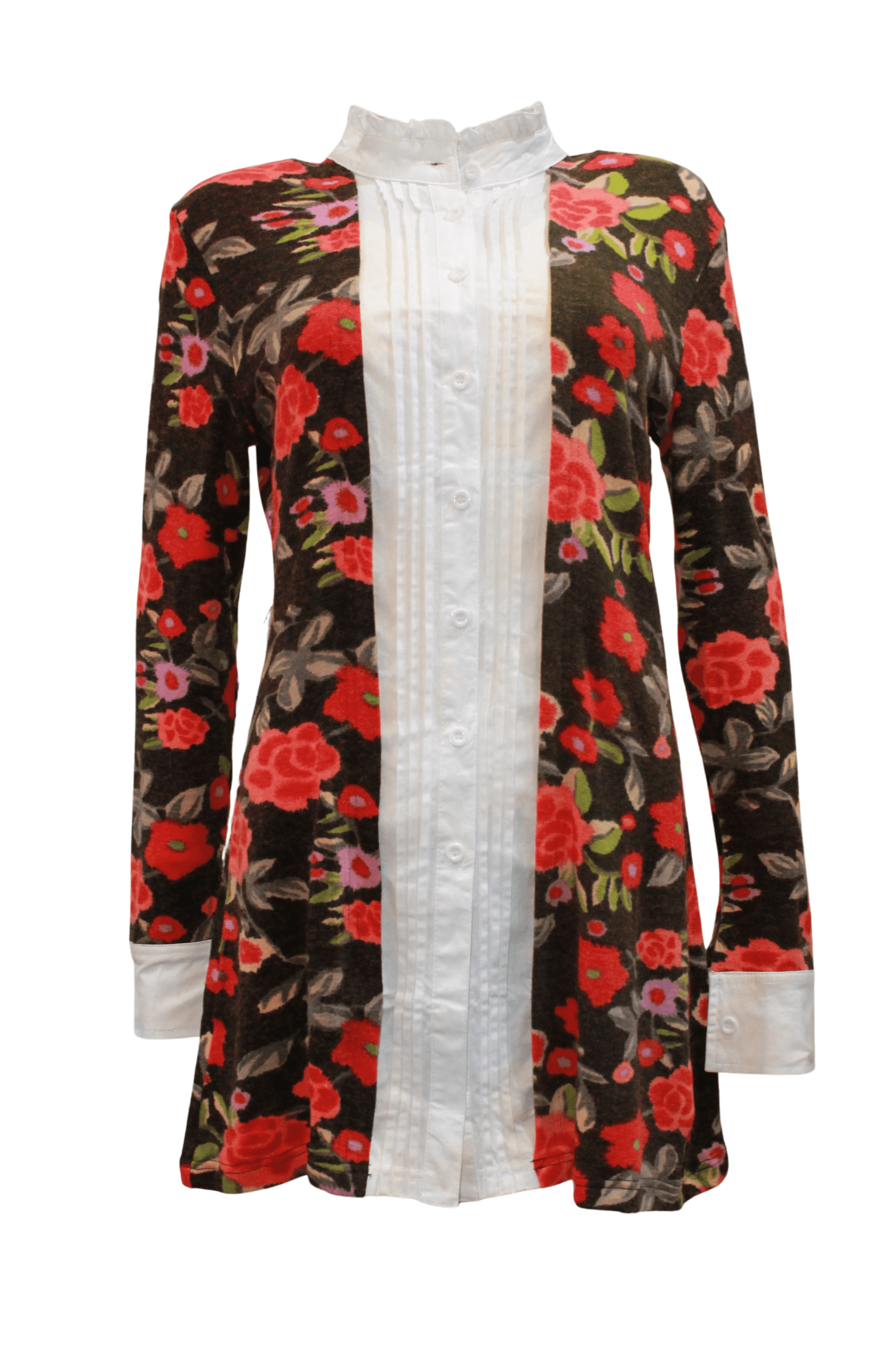 Blusa larga femenina floral marrón, camisa cuello mao, botonadura frontal, lazo cinturón ajustable, manga larga, estilo elegante casual, tallas 36, tejido suave cómodo, colores disponibles, ideal jeans faldas ✅Entrega 24/48h