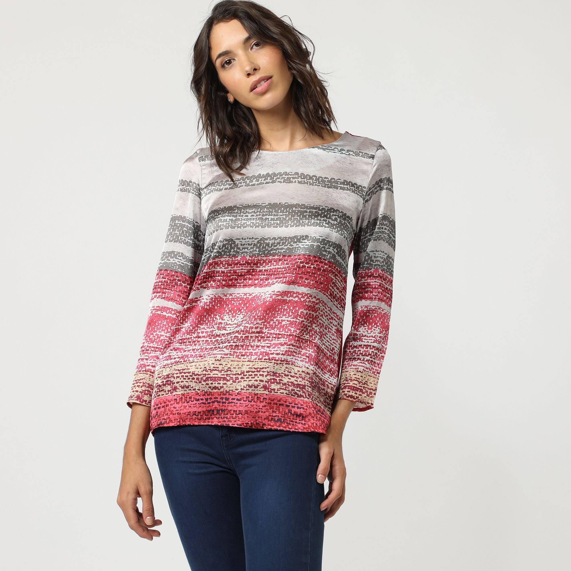 Blusa mujer, top, camiseta elegante diseño estampado rayas, tejido satinado delantero, cuello redondo, manga larga, modelo AN-210183, color rojo, talla 38, ligero, cómodo, favorecedor ✅Entrega 24/48h