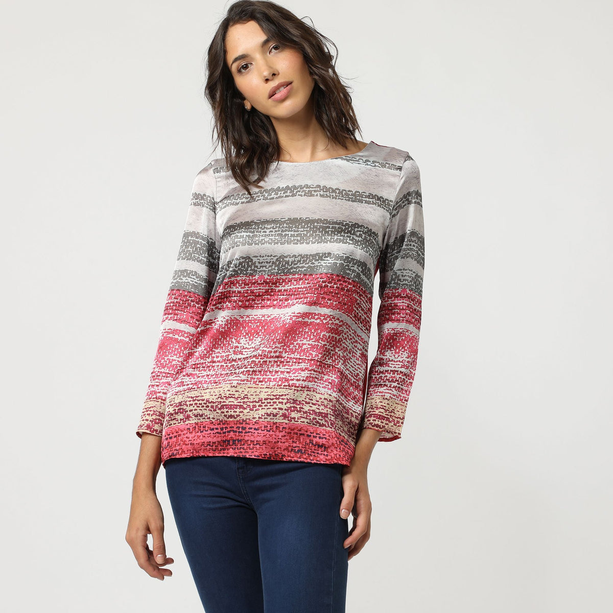 Blusa mujer, top, camiseta elegante diseño estampado rayas, tejido satinado delantero, cuello redondo, manga larga, modelo AN-210183, color rojo, talla 38, ligero, cómodo, favorecedor ✅Entrega 24/48h