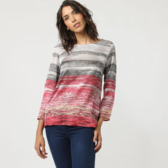 Blusa mujer, top, camiseta elegante diseño estampado rayas, tejido satinado delantero, cuello redondo, manga larga, modelo AN-210183, color rojo, talla 38, ligero, cómodo, favorecedor ✅Entrega 24/48h