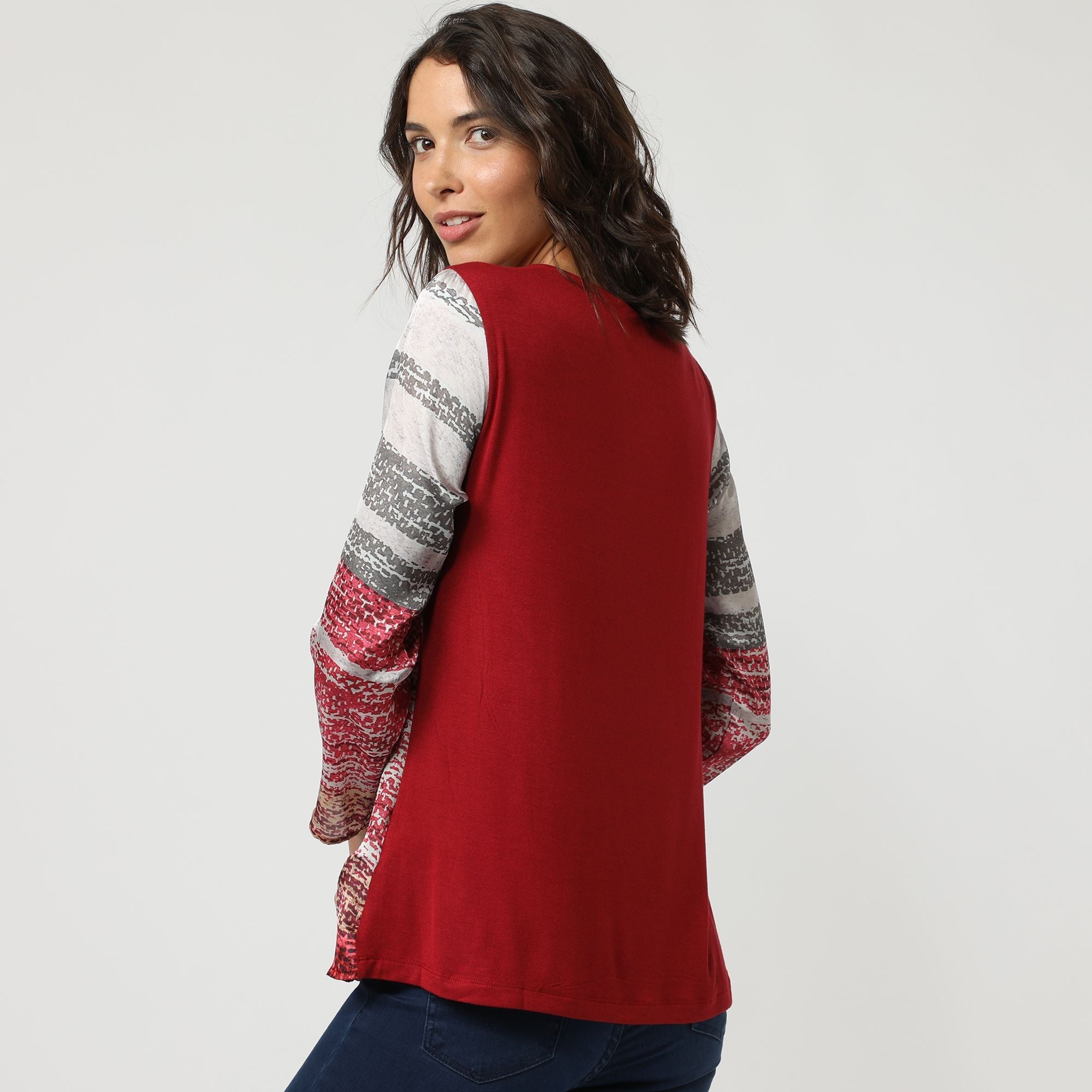 Blusa mujer, top, camiseta elegante diseño estampado rayas, tejido satinado delantero, cuello redondo, manga larga, modelo AN-210183, color rojo, talla 38, ligero, cómodo, favorecedor ✅Entrega 24/48h