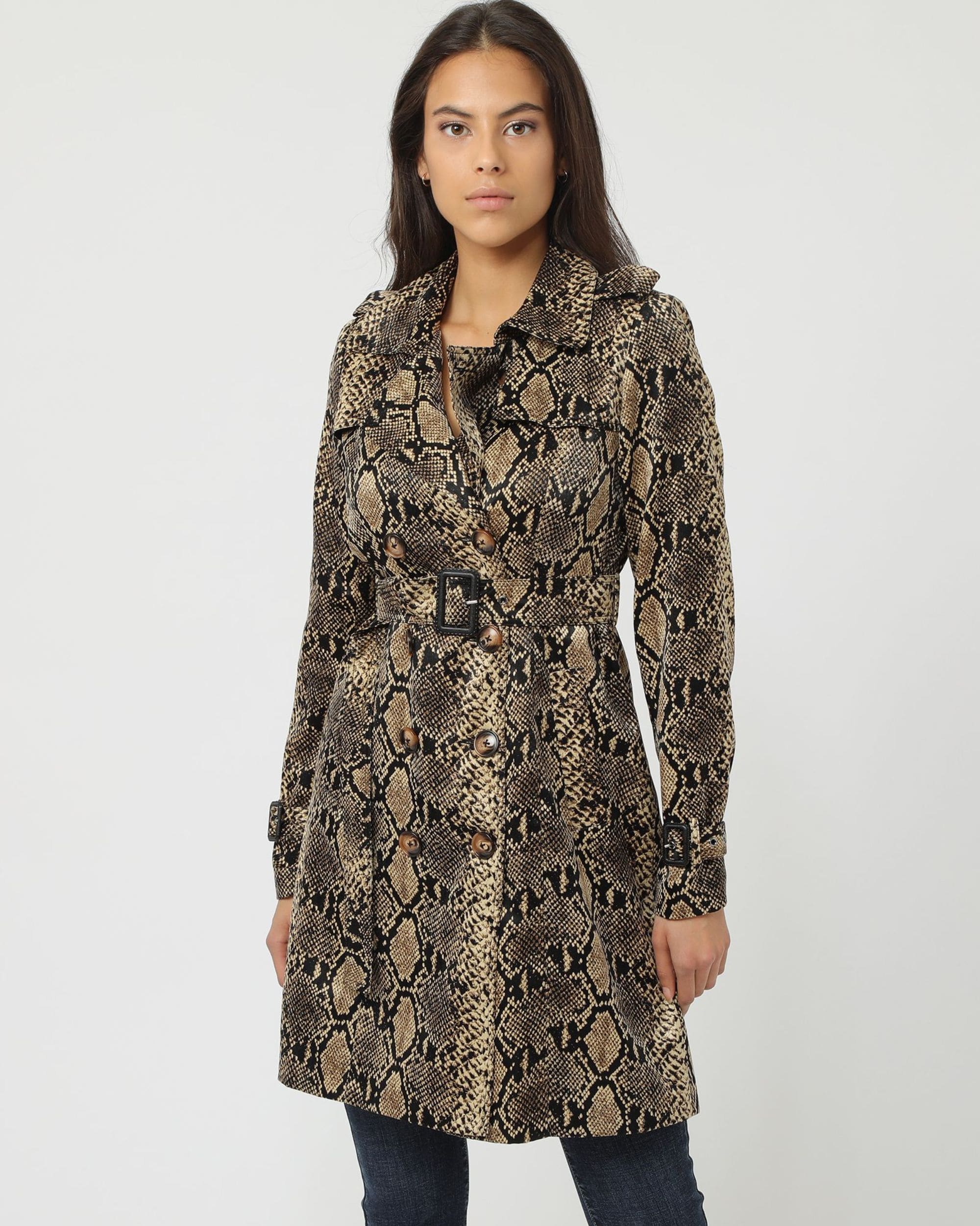 Gabardina mujer abrigo chaqueta trench estilo reptil satinado elegante largo con cuello sastre manga larga bolsillos cinturón cierre botones talla 38 marrón versátil moderno ✅Entrega 24/48h