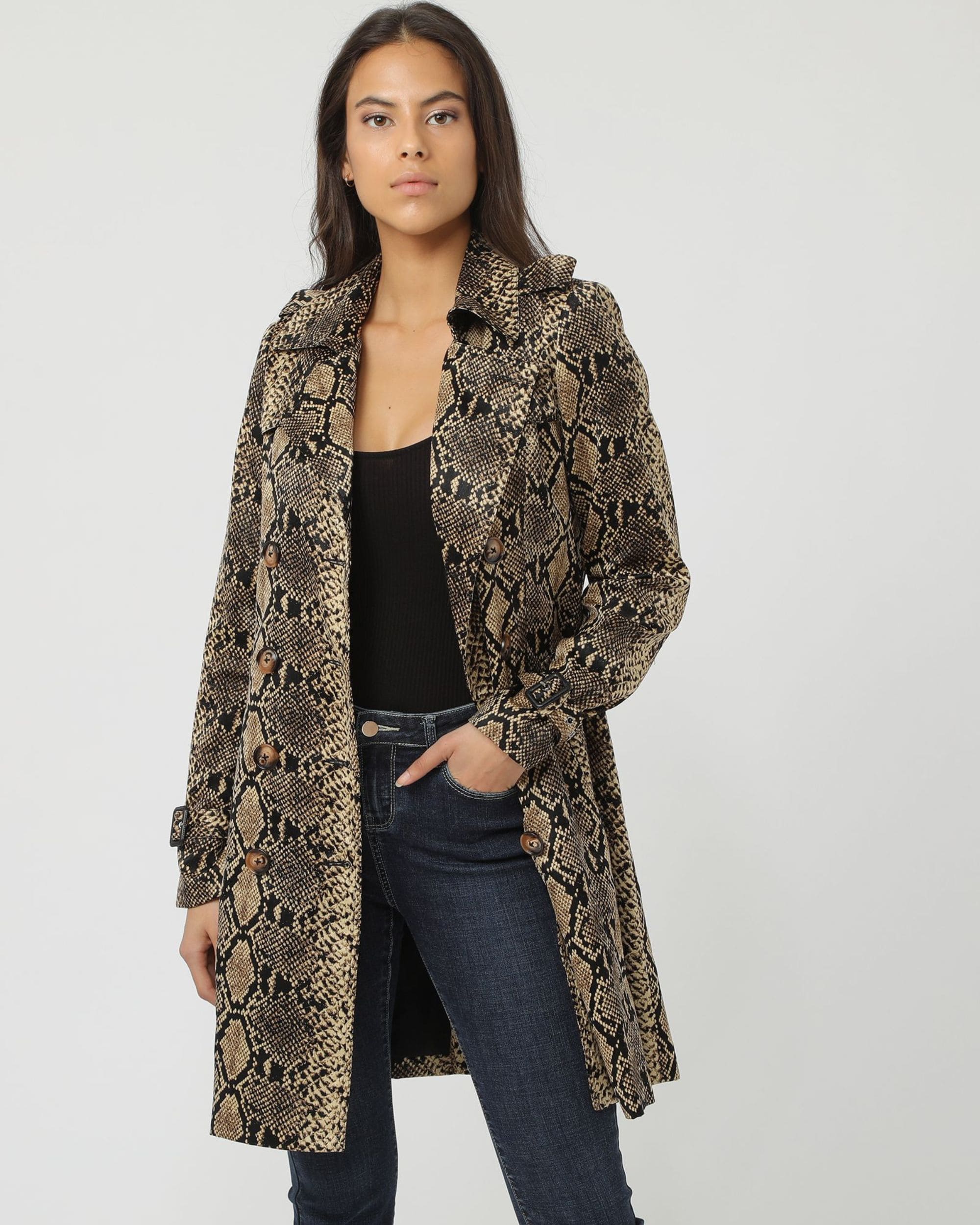 Gabardina mujer abrigo chaqueta trench estilo reptil satinado elegante largo con cuello sastre manga larga bolsillos cinturón cierre botones talla 38 marrón versátil moderno ✅Entrega 24/48h