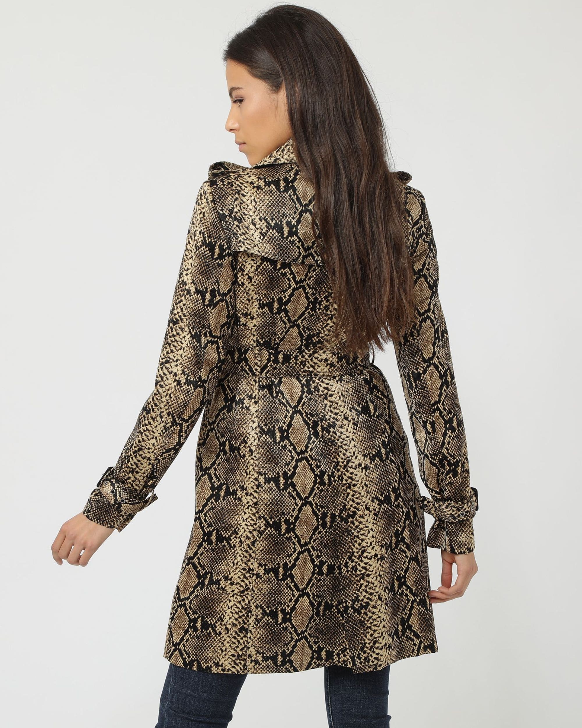 Gabardina mujer abrigo chaqueta trench estilo reptil satinado elegante largo con cuello sastre manga larga bolsillos cinturón cierre botones talla 38 marrón versátil moderno ✅Entrega 24/48h
