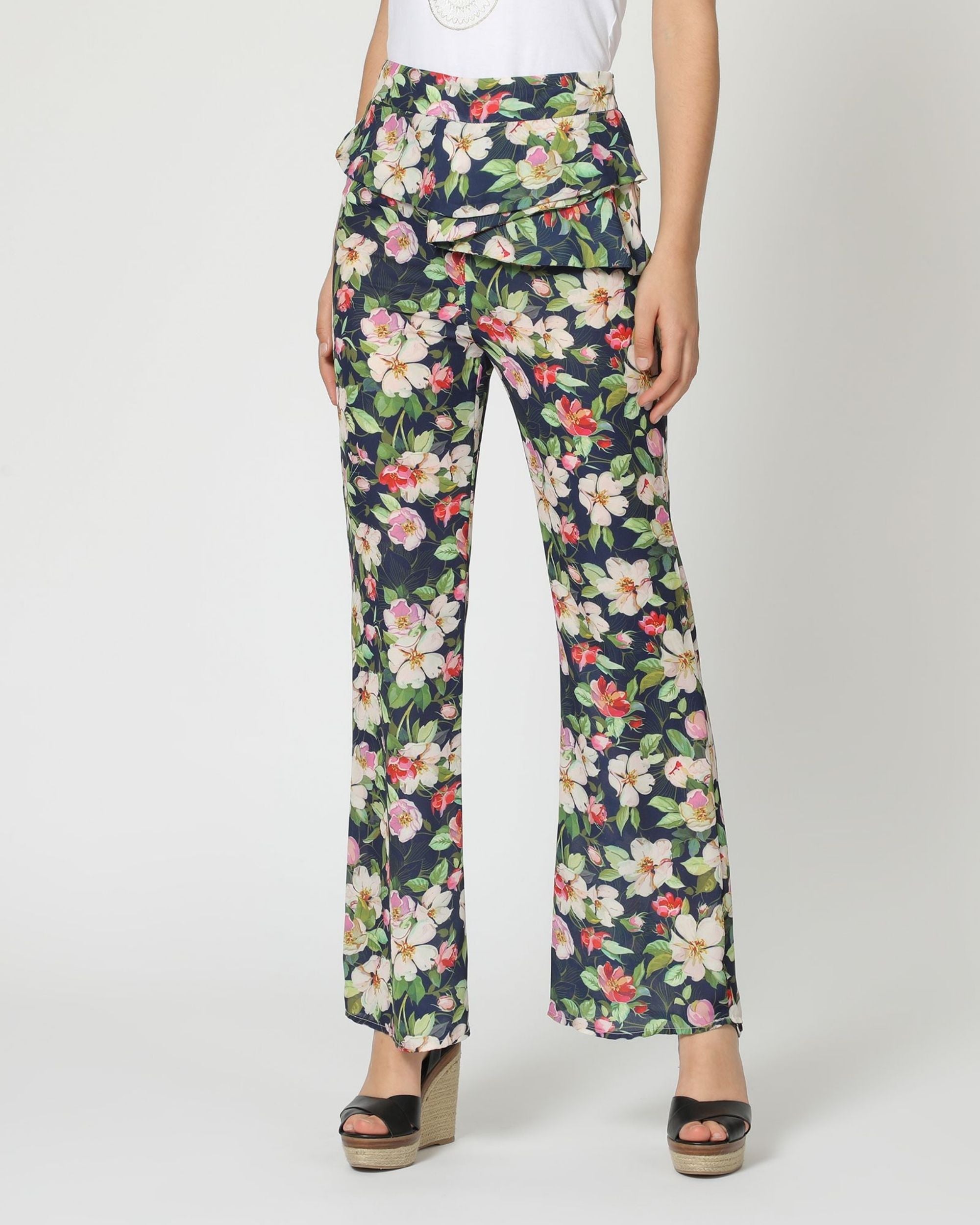 Pantalón mujer recto floral Anany AN-230198 tejido fluido cintura alta cinturón decorativo outfit primavera verano azul talla 36 cómodo versátil ideal diario elegante casual ✅Entrega 24/48h