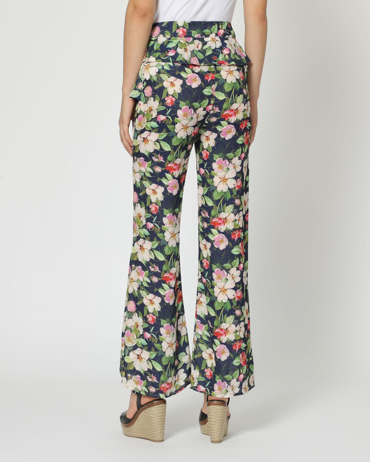 Pantalón mujer recto floral Anany AN-230198 tejido fluido cintura alta cinturón decorativo outfit primavera verano azul talla 36 cómodo versátil ideal diario elegante casual ✅Entrega 24/48h