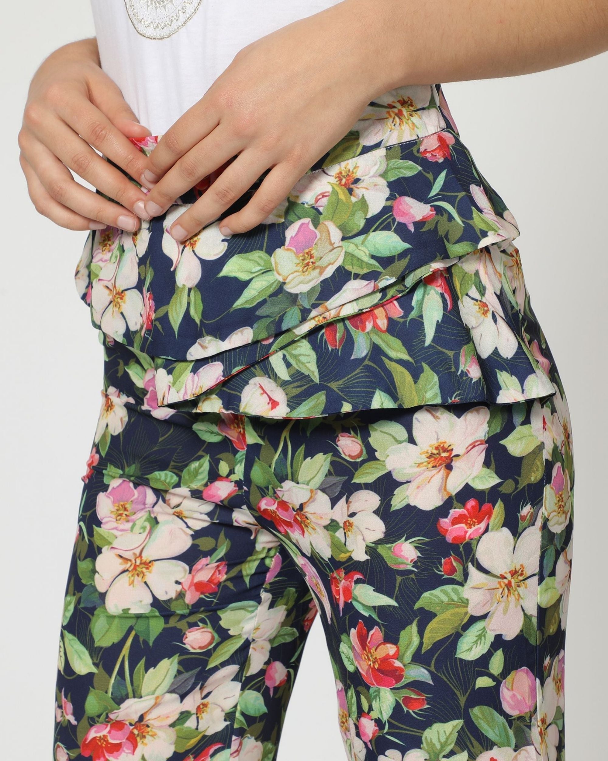 Pantalón mujer recto floral Anany AN-230198 tejido fluido cintura alta cinturón decorativo outfit primavera verano azul talla 36 cómodo versátil ideal diario elegante casual ✅Entrega 24/48h