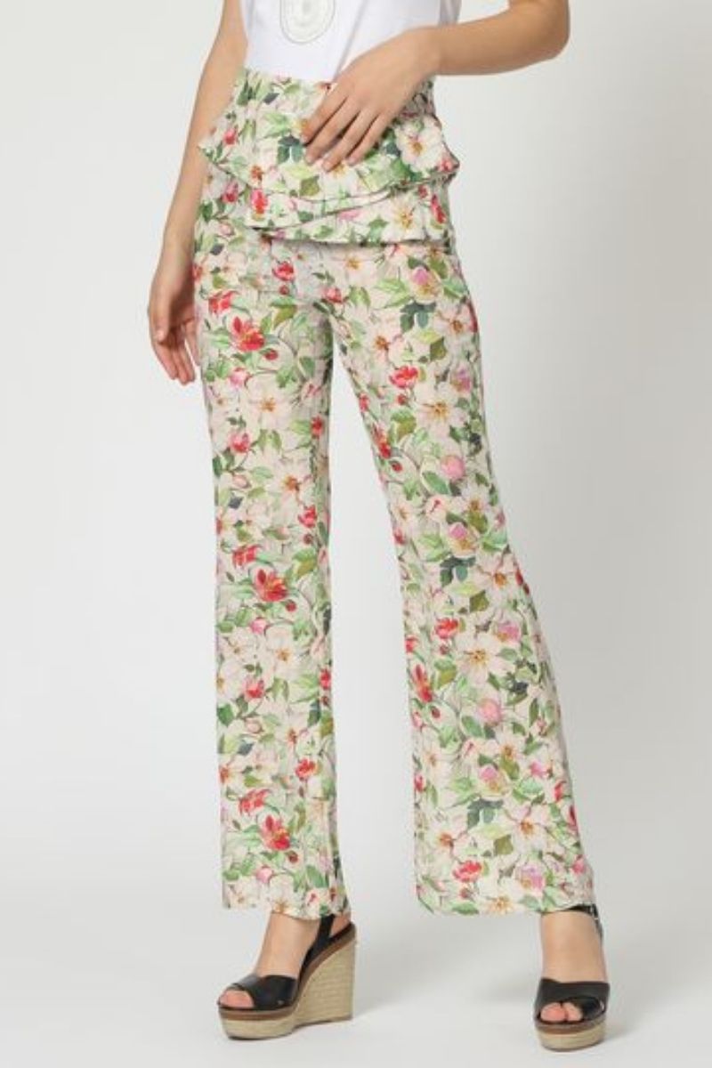 Pantalón mujer tejido fluido, corte recto, floral, decorado cinturón, estilo elegante, modelo AN-230198, talla 36, cómodo y versátil, color beige y multicolor ✅Entrega 24/48h