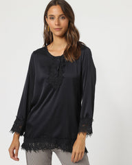 Blusa mujer satinada, camisa elegante manga larga, detalles encaje puño y bajo, tejido poliéster efecto satén, cuello redondo, cierre botones, cómoda talla 38 azul marino, look sofisticado oficina noche ✅Entrega 24/48h